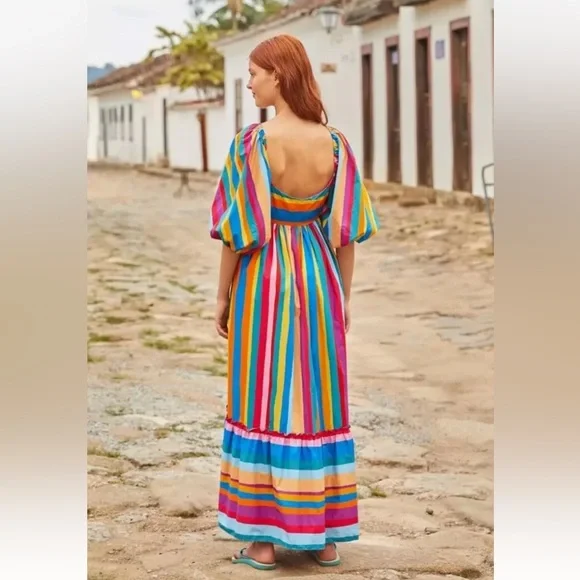 NWT $265 FARM RIO Striped Scarf Maxi Ruffled Dress Sz XS - Picture 7 of 11